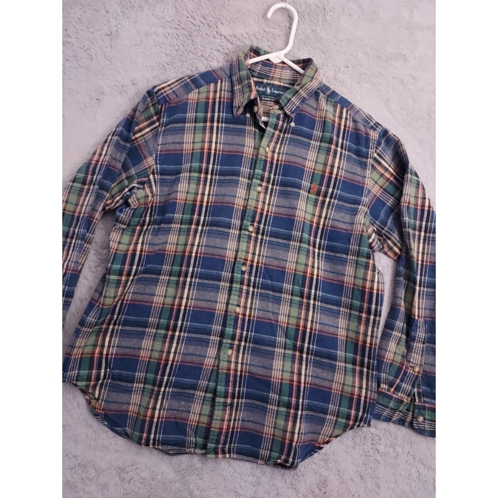 Polo Ralph Lauren Shirt Mens Large Heavy Flannel Cotton Faded Blue Preppy Work